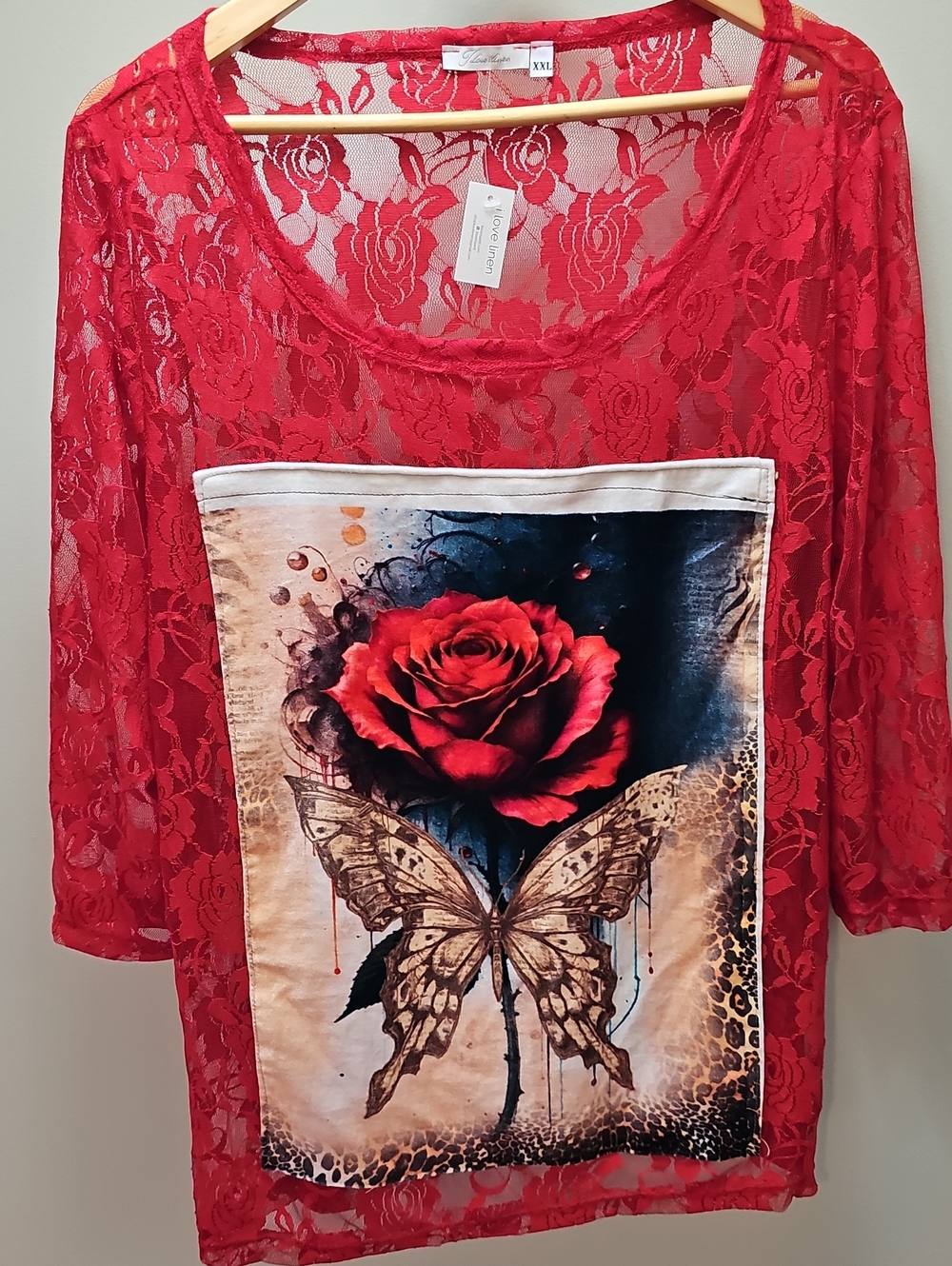 NWT Red Lace Butterfly & Rose Graphic Women's Top, XXL